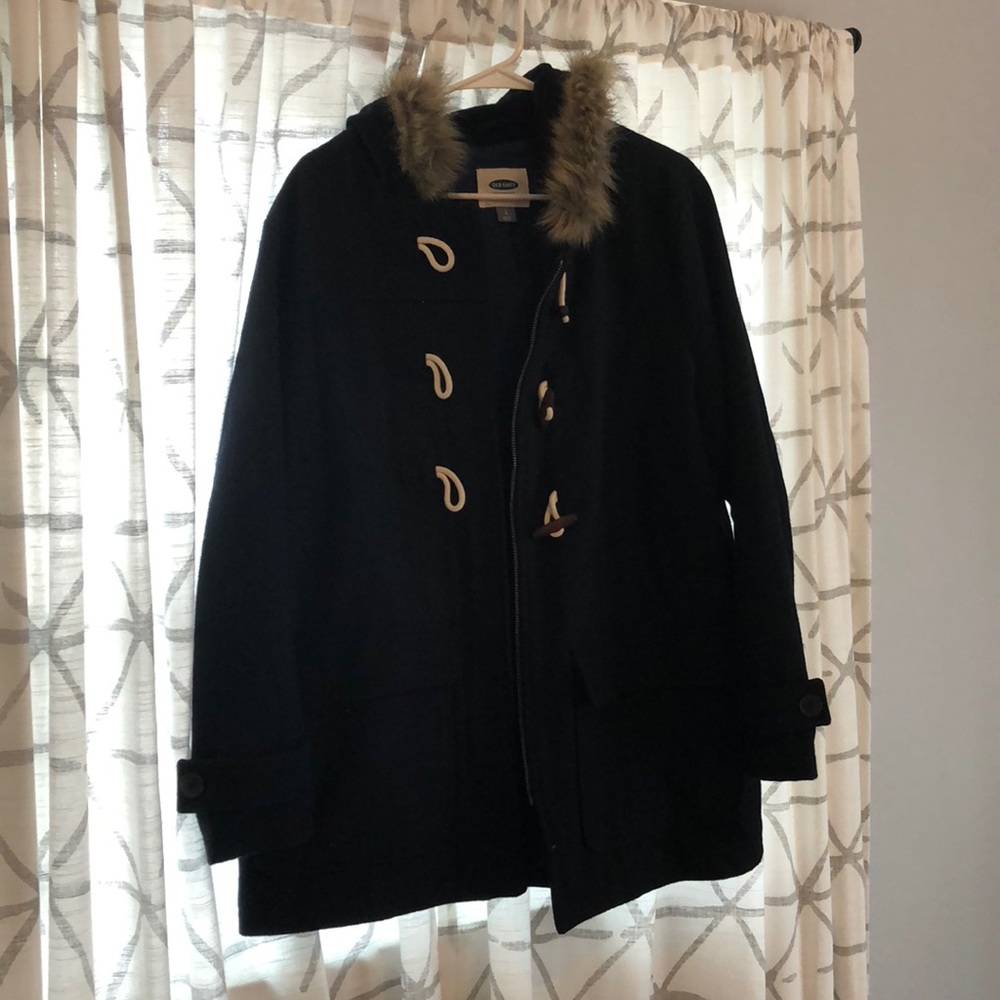Wool blend toggle coat with faux fur hood